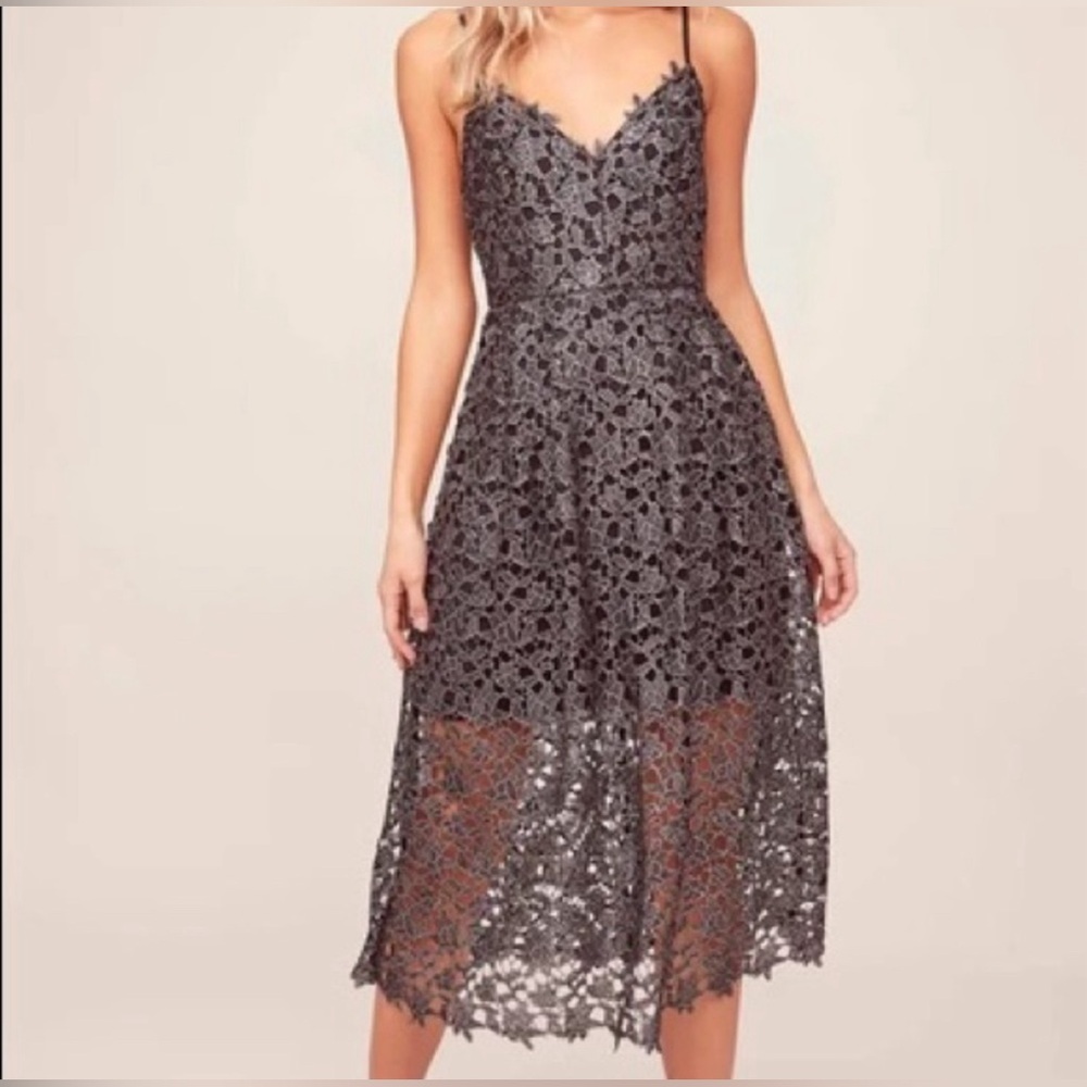 ASTR the Label Metallic Black & Silver Lace Midi Dress